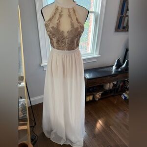 Soieblu Two-Tone Lace Bodice Maxi Dress in Taupe and Ivory